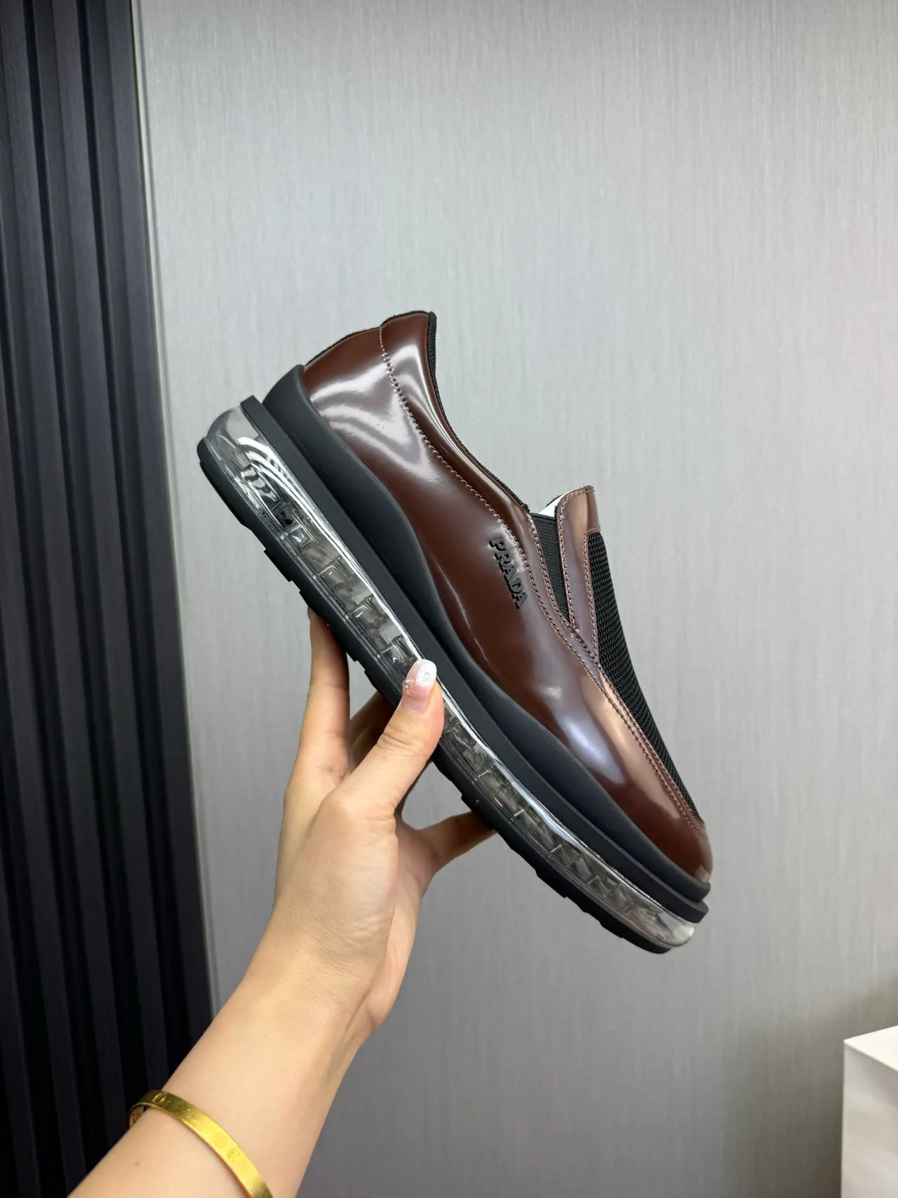 Prada Cloudbust Brown Black Slip-On Patent Leather And Mesh Loafer 7