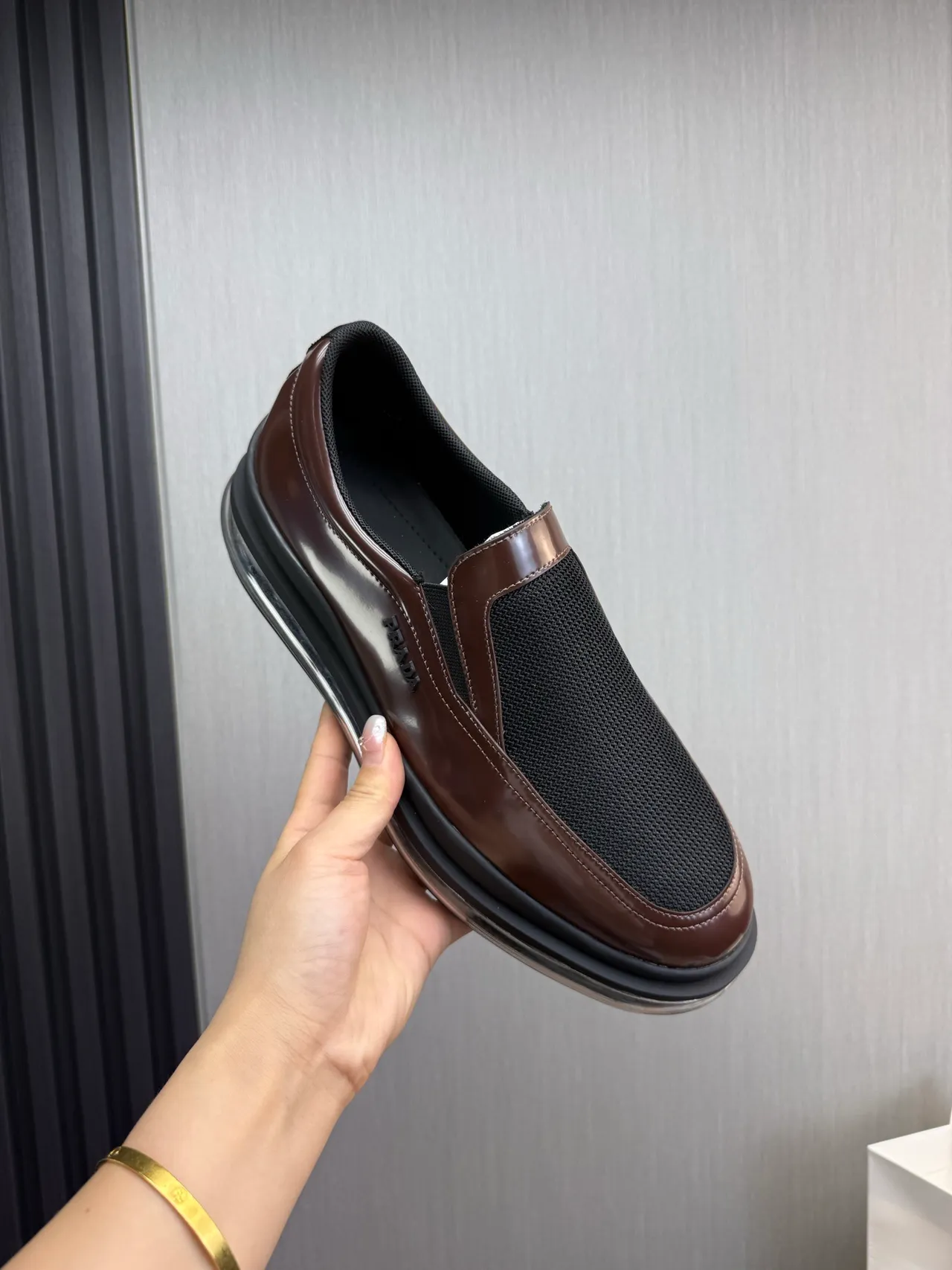 Prada Cloudbust Brown Black Slip-On Patent Leather And Mesh Loafer 8