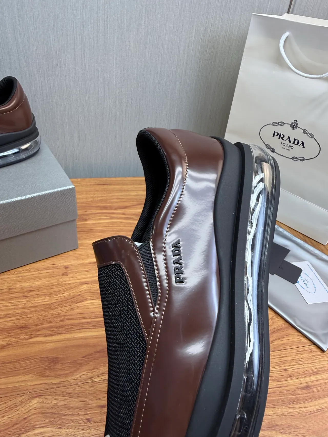 Prada Cloudbust Brown Black Slip-On Patent Leather And Mesh Loafer 9