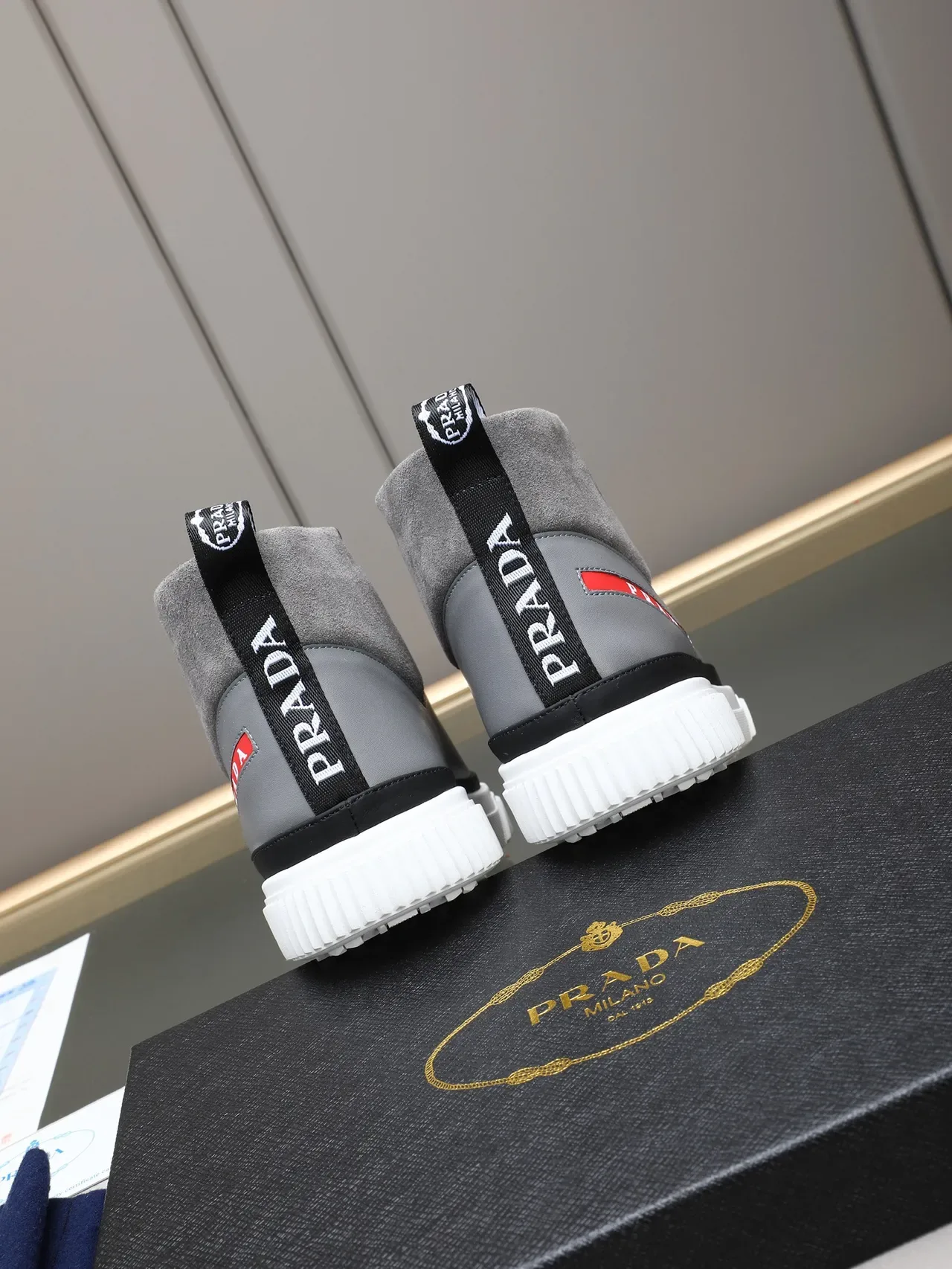 Prada Cloudbust Gray Red Logo High-Top Lifestyle Sneakers 3