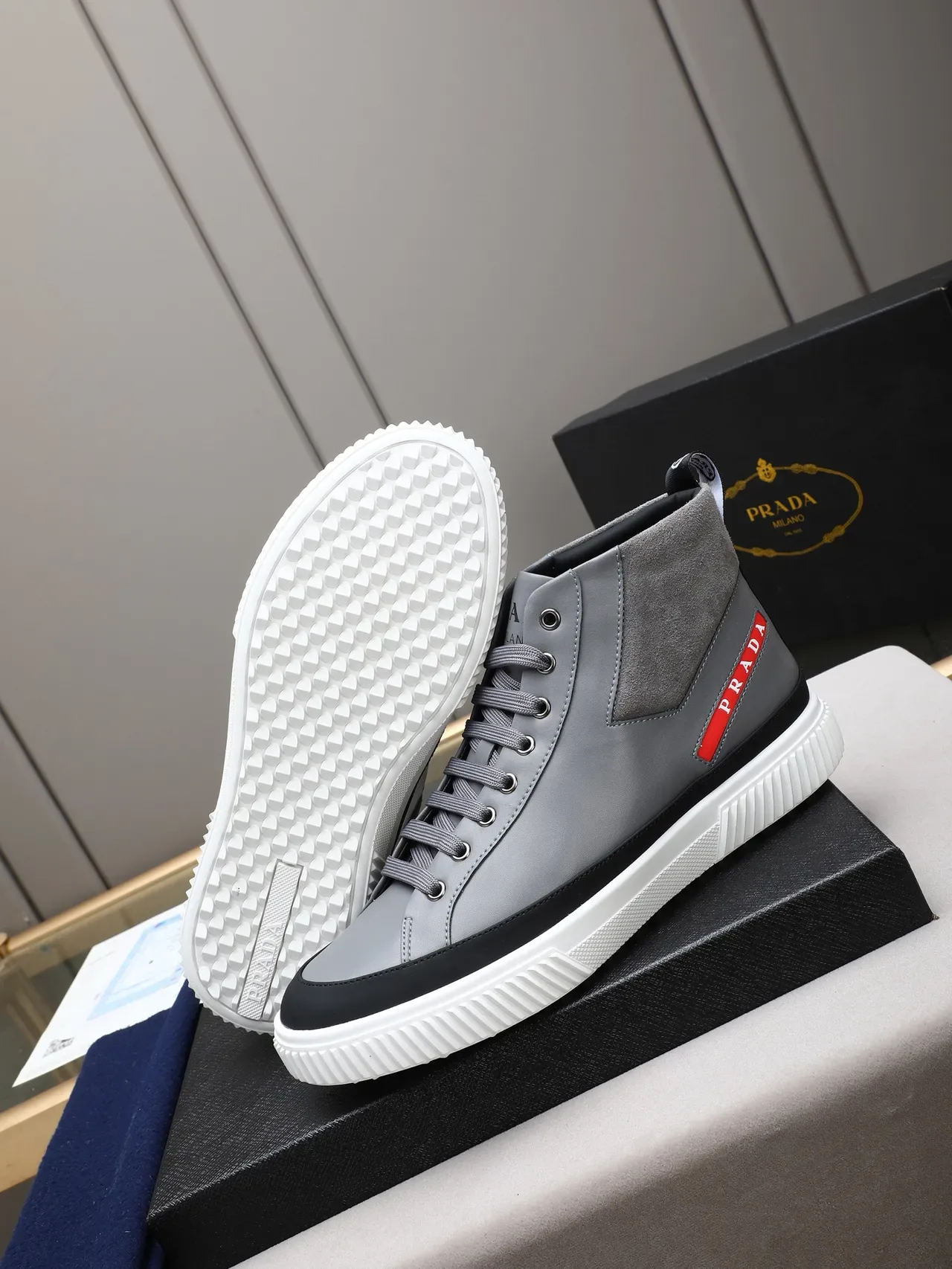 Prada Cloudbust Gray Red Logo High-Top Lifestyle Sneakers 4