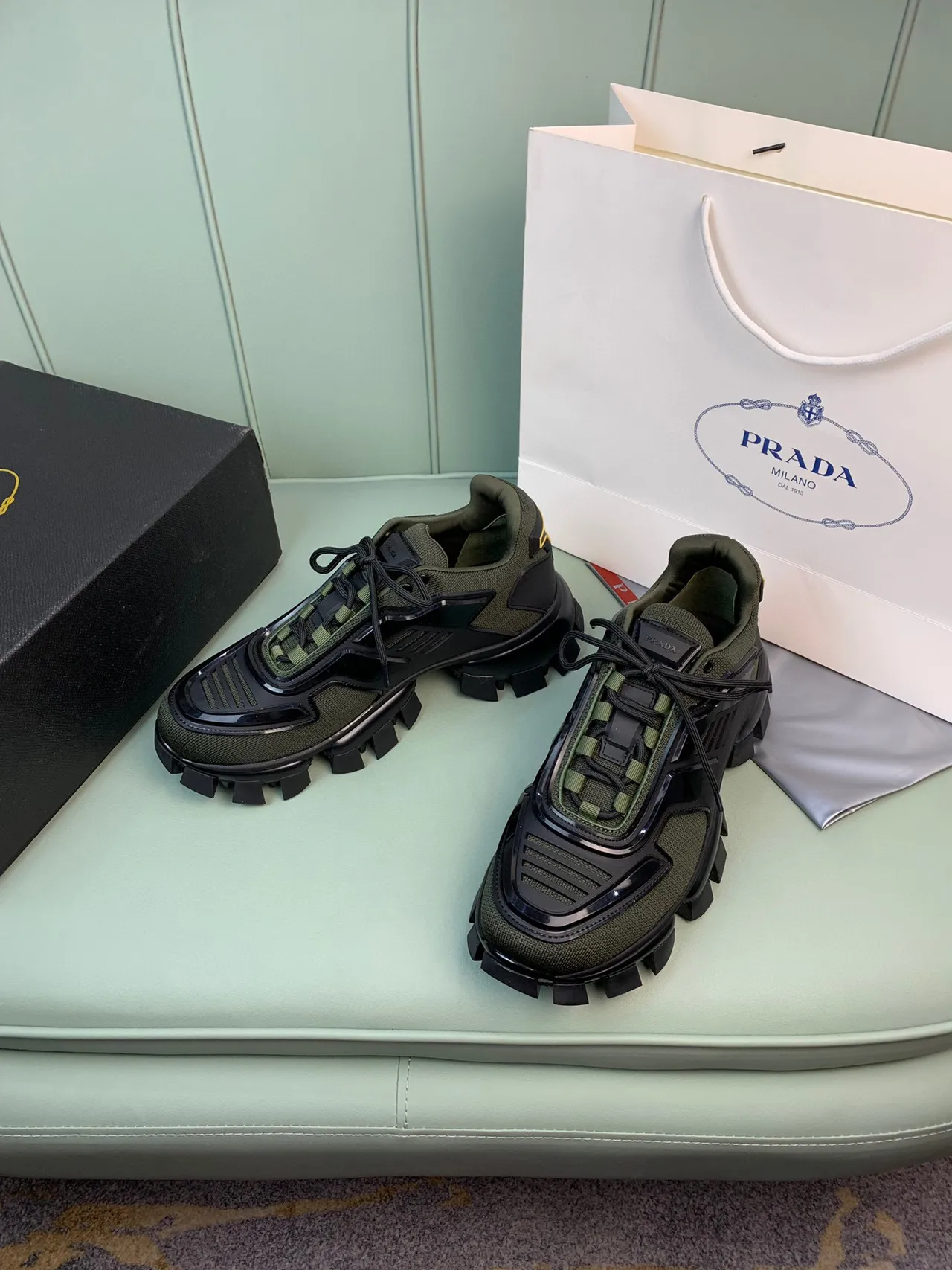 Prada Cloudbust Olive Green and Black Chunky Sneakers 6
