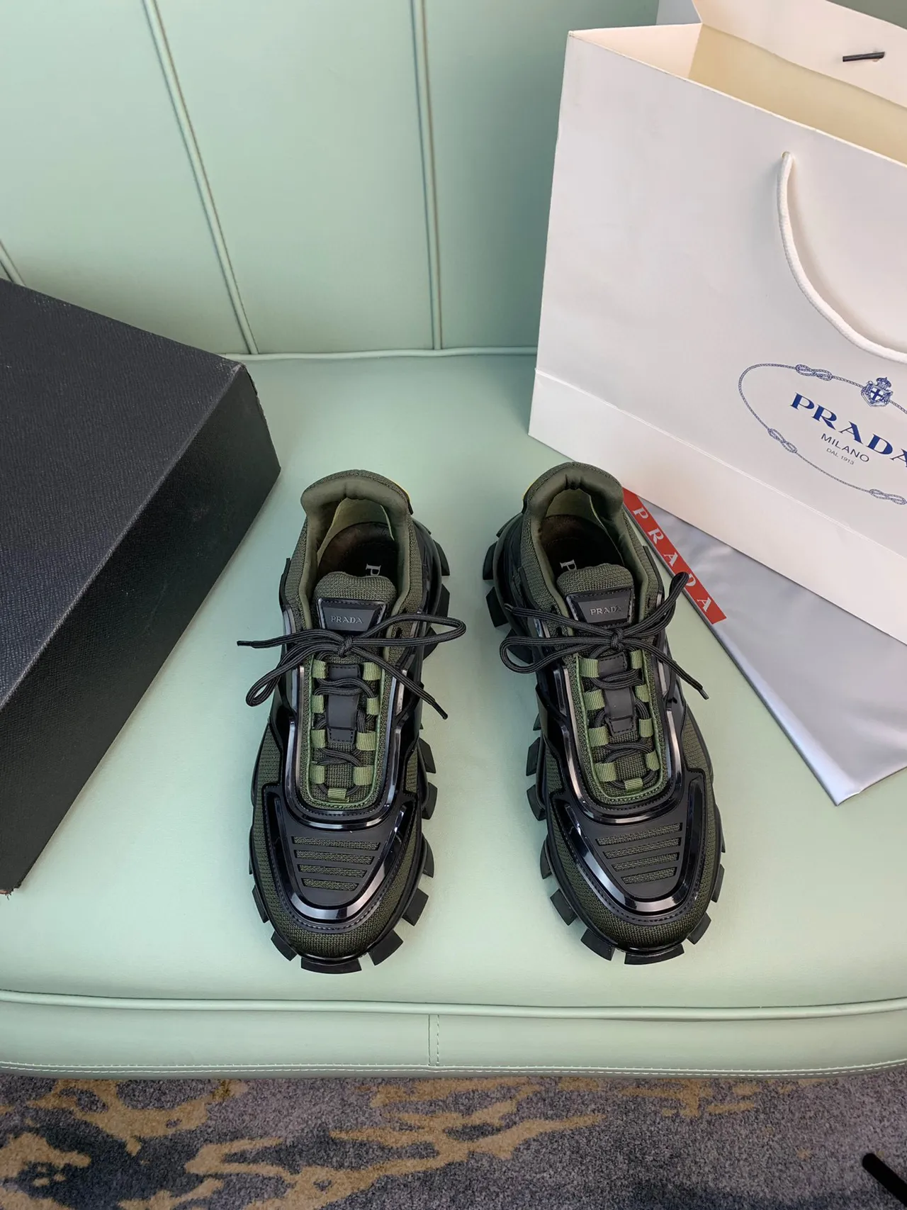 Prada Cloudbust Olive Green and Black Chunky Sneakers 7