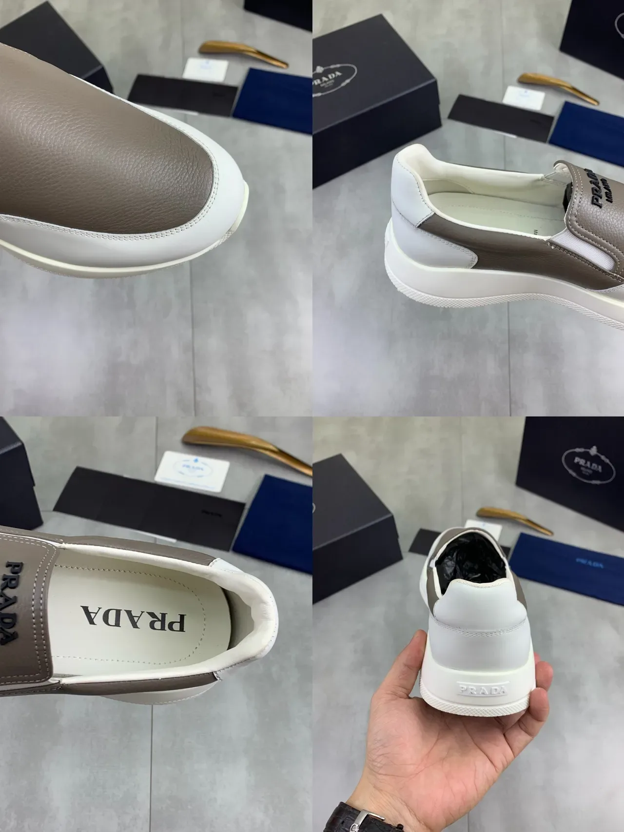 Prada Cloudbust Two-Tone Taupe and White Leather Loafers 2