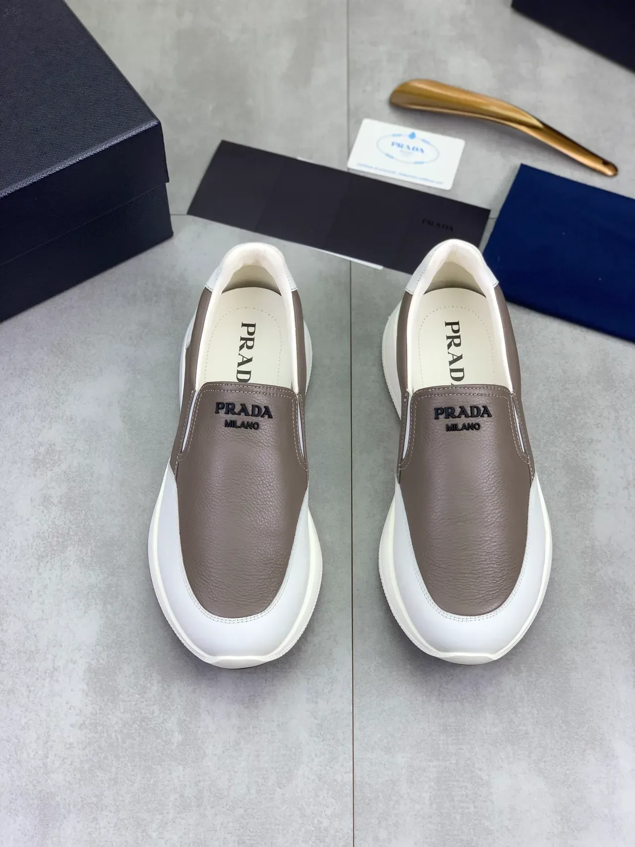 Prada Cloudbust Two-Tone Taupe and White Leather Loafers 4