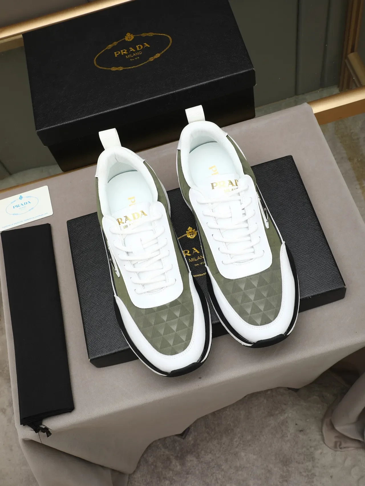 Prada Cloudbust White Army Green Quilted Geometric Textile Triangular Metal Logo Plaque Lifestyle Sneakers 2