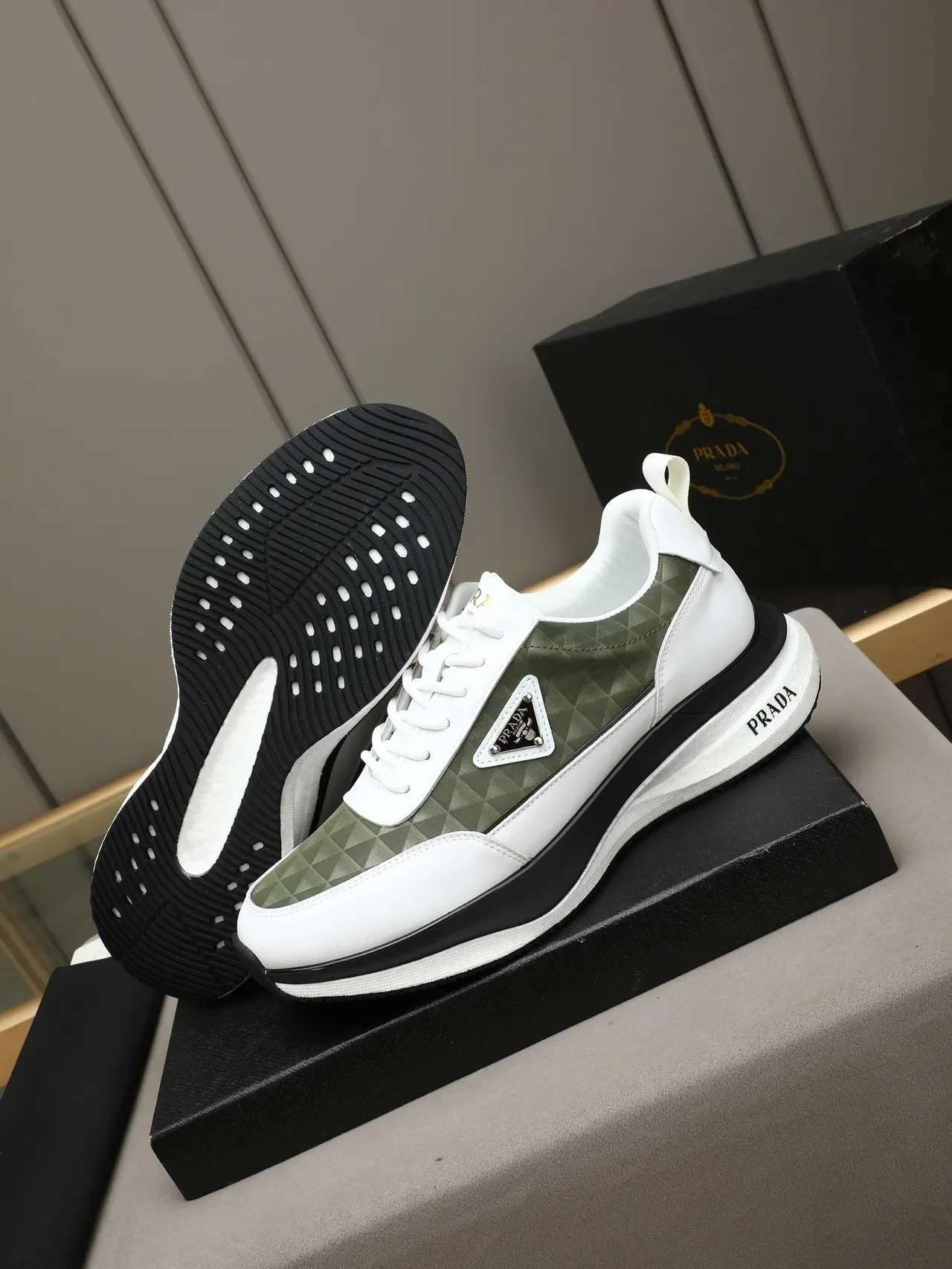 Prada Cloudbust White Army Green Quilted Geometric Textile Triangular Metal Logo Plaque Lifestyle Sneakers 4