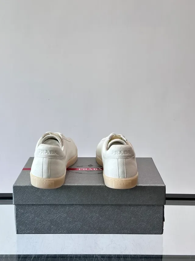 Prada Cloudbust White Beige Textured Pebbled Leather Tonal Lacing Lifestyle Sneakers 3