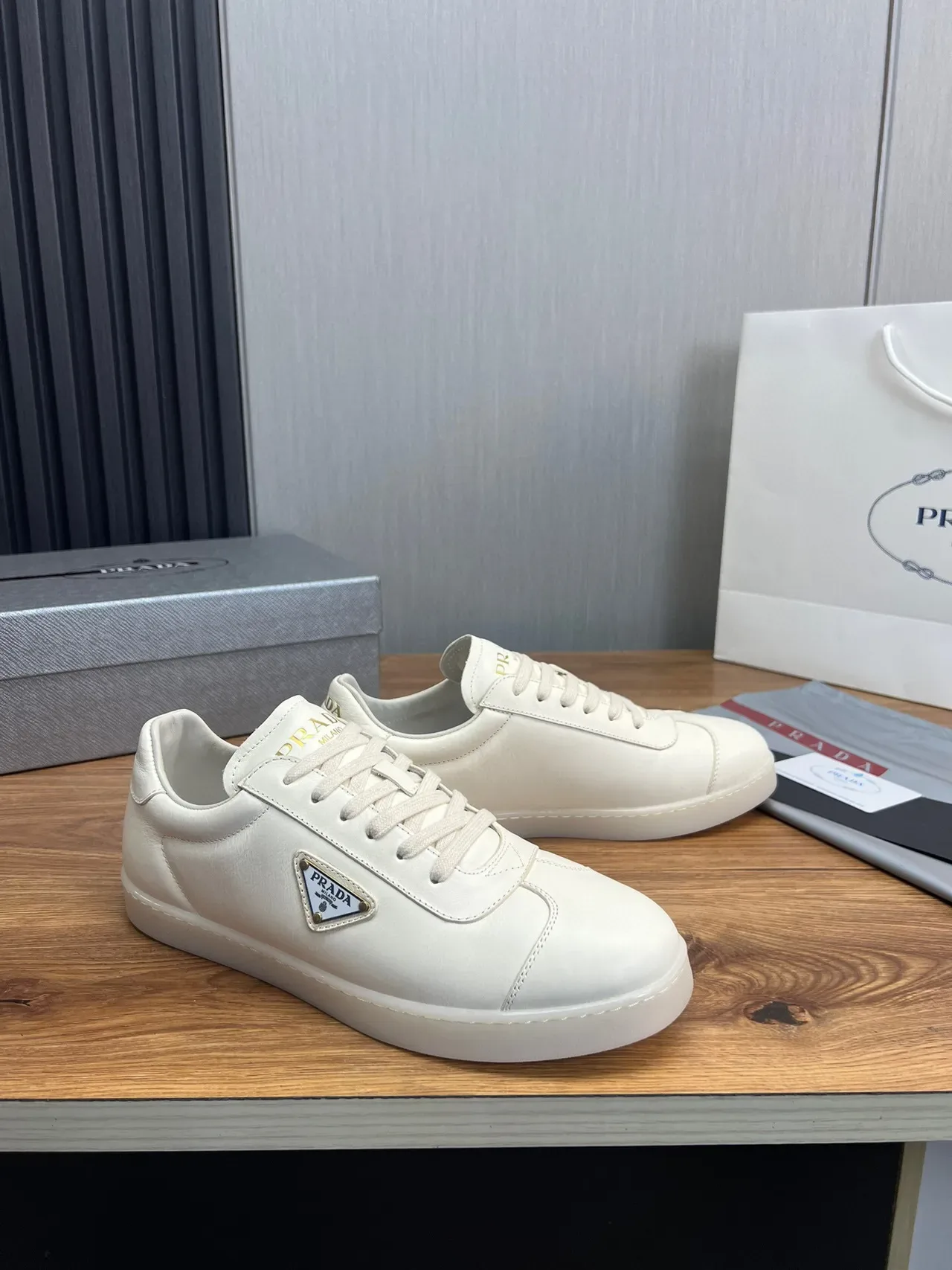 Prada Cloudbust White Gold Leather Upper Triangular Logo Plaque Lifestyle Sneakers 2