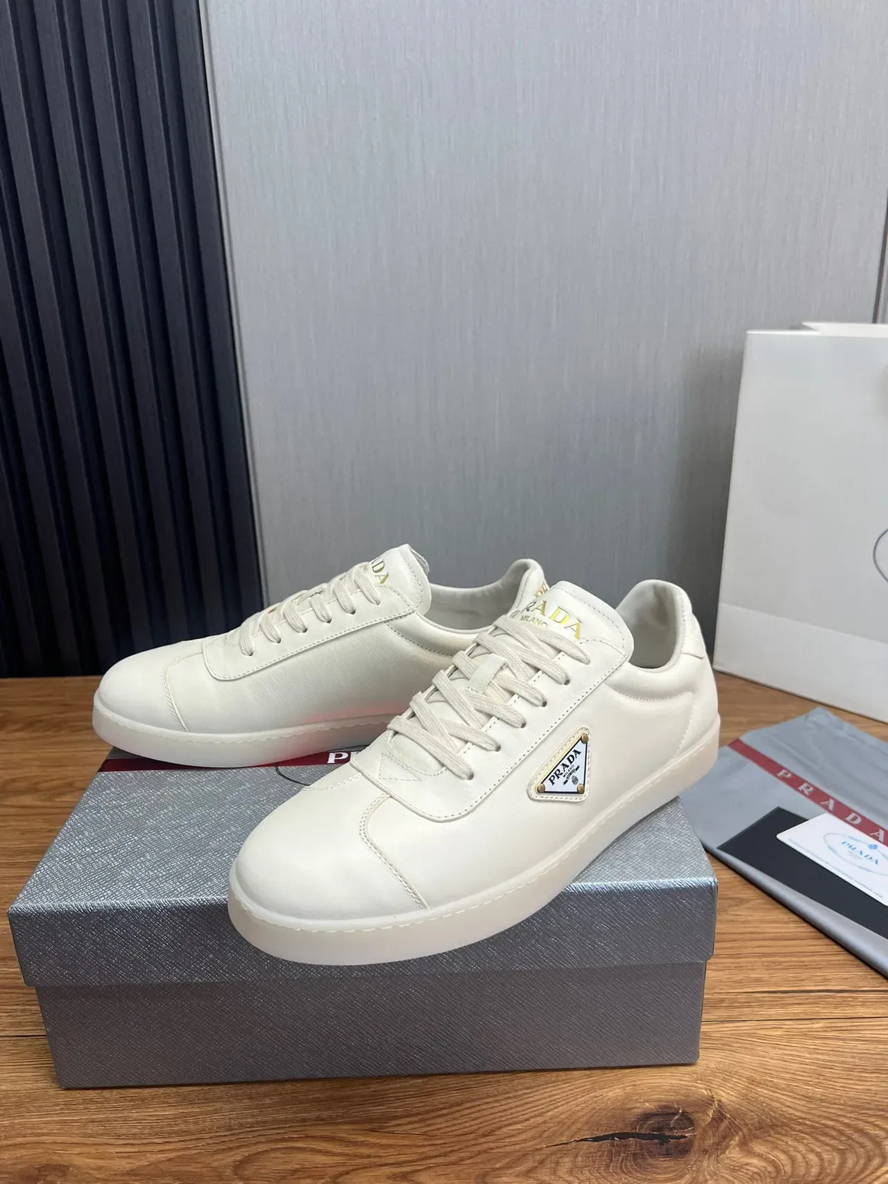 Prada Cloudbust White Gold Leather Upper Triangular Logo Plaque Lifestyle Sneakers 3