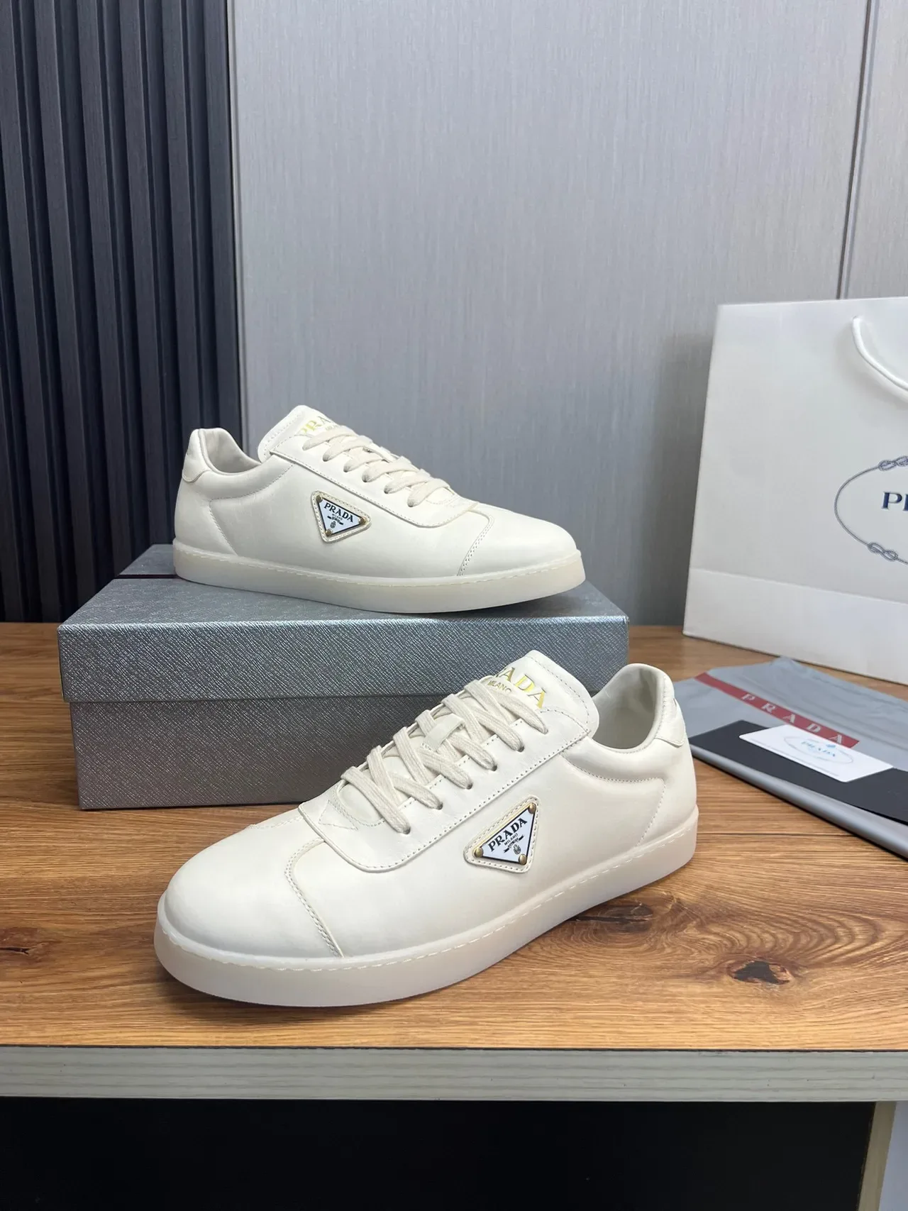 Prada Cloudbust White Gold Leather Upper Triangular Logo Plaque Lifestyle Sneakers 4
