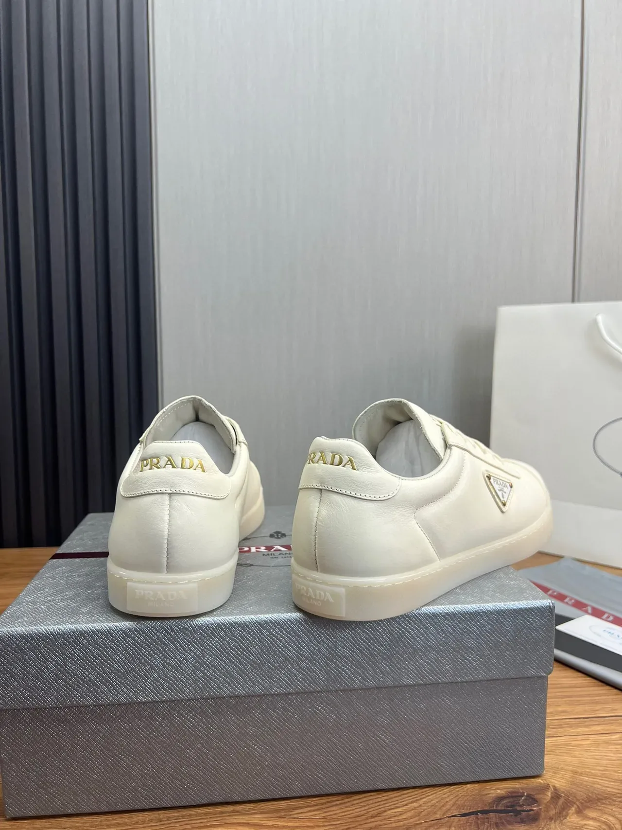Prada Cloudbust White Gold Leather Upper Triangular Logo Plaque Lifestyle Sneakers 5