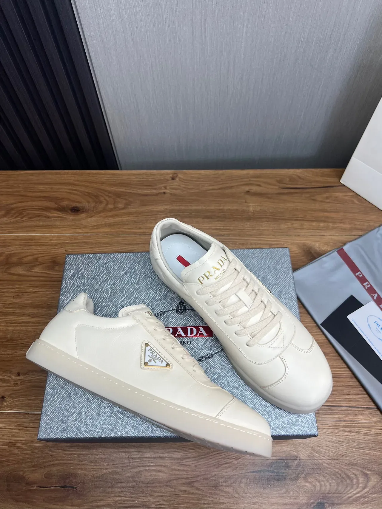 Prada Cloudbust White Gold Leather Upper Triangular Logo Plaque Lifestyle Sneakers 6