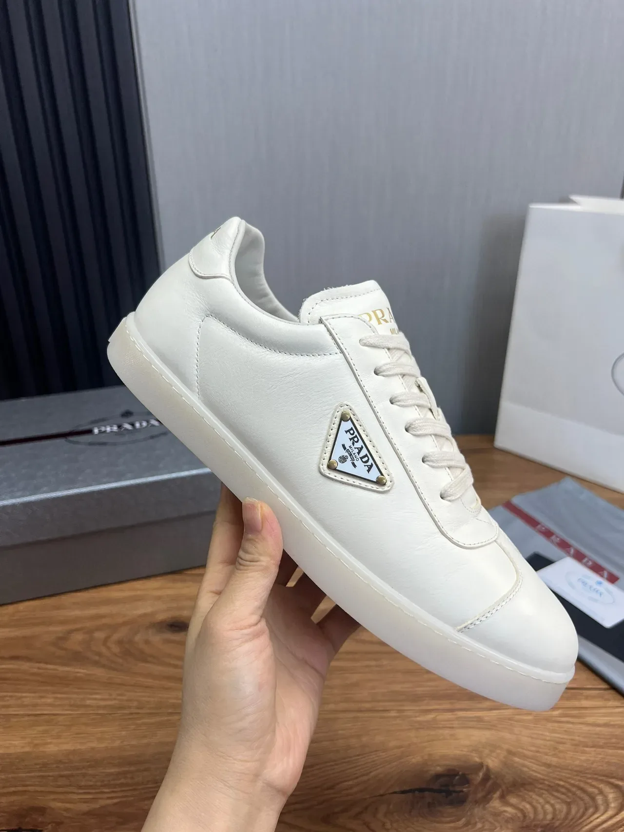 Prada Cloudbust White Gold Leather Upper Triangular Logo Plaque Lifestyle Sneakers 7