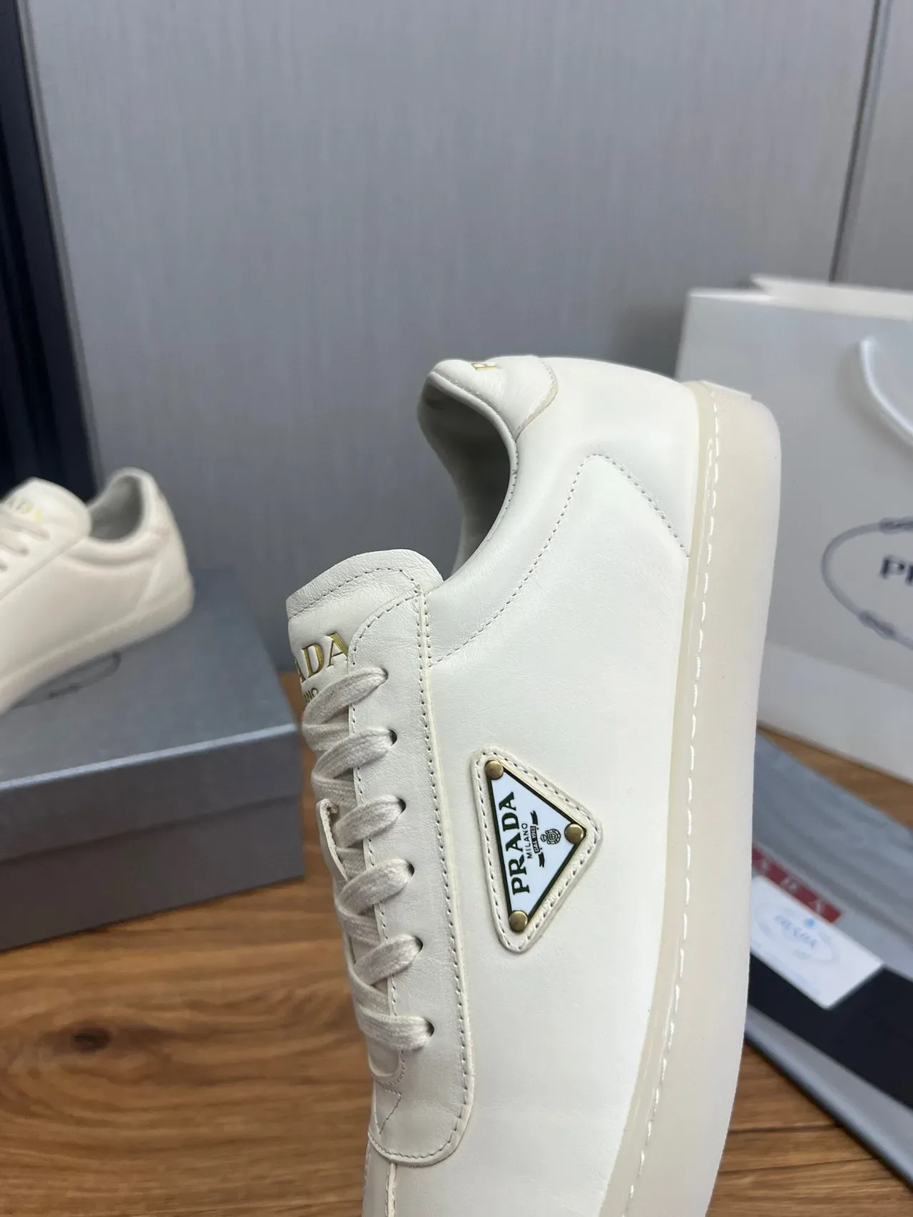 Prada Cloudbust White Gold Leather Upper Triangular Logo Plaque Lifestyle Sneakers 8