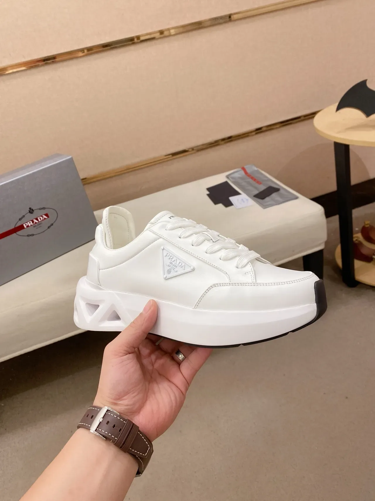 Prada Cloudbust White Leather Platform Chunky Sneakers 5