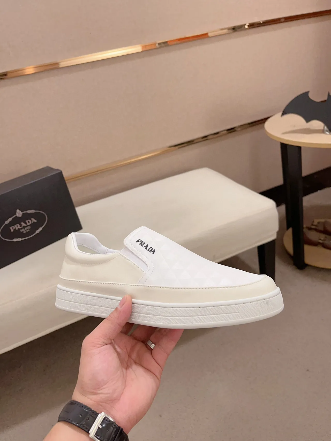 Prada Cloudbust White Slip-On Quilted Triangular Texture Loafer 4