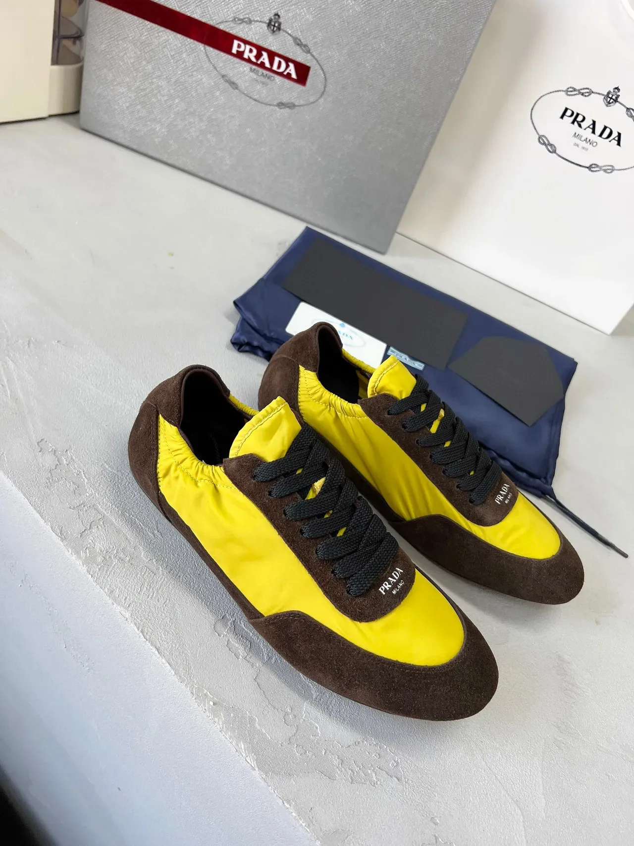 Prada Cloudbust Yellow Brown Color-Blocked Suede And Nylon Lifestyle Sneakers 1