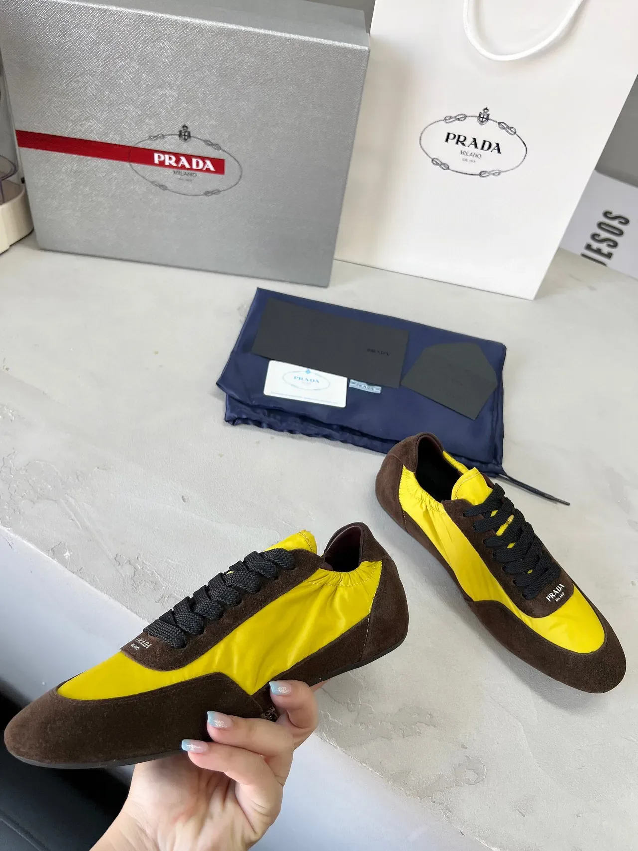 Prada Cloudbust Yellow Brown Color-Blocked Suede And Nylon Lifestyle Sneakers 4