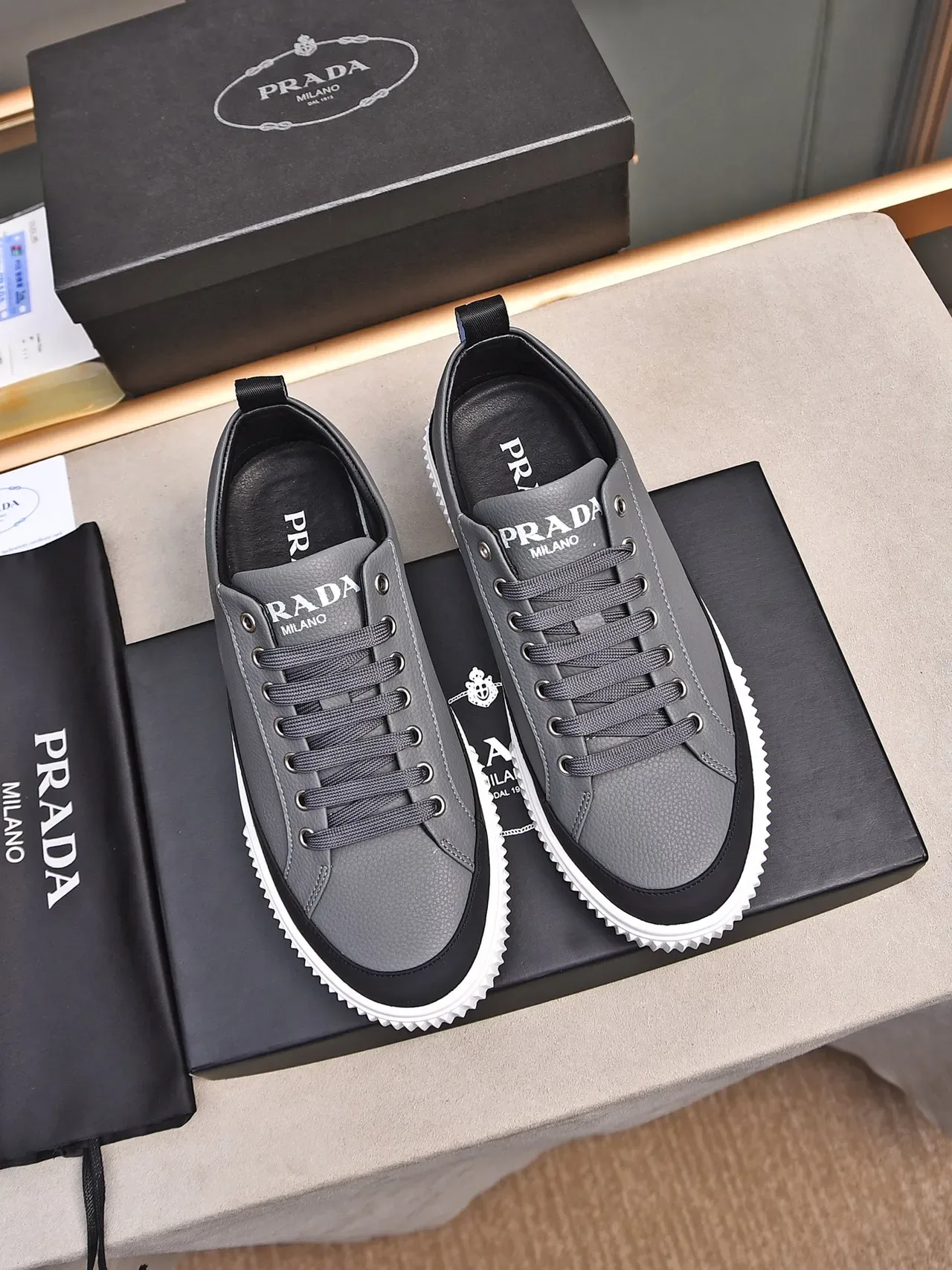 Prada Gray and Black Leather Lifestyle Sneakers 3