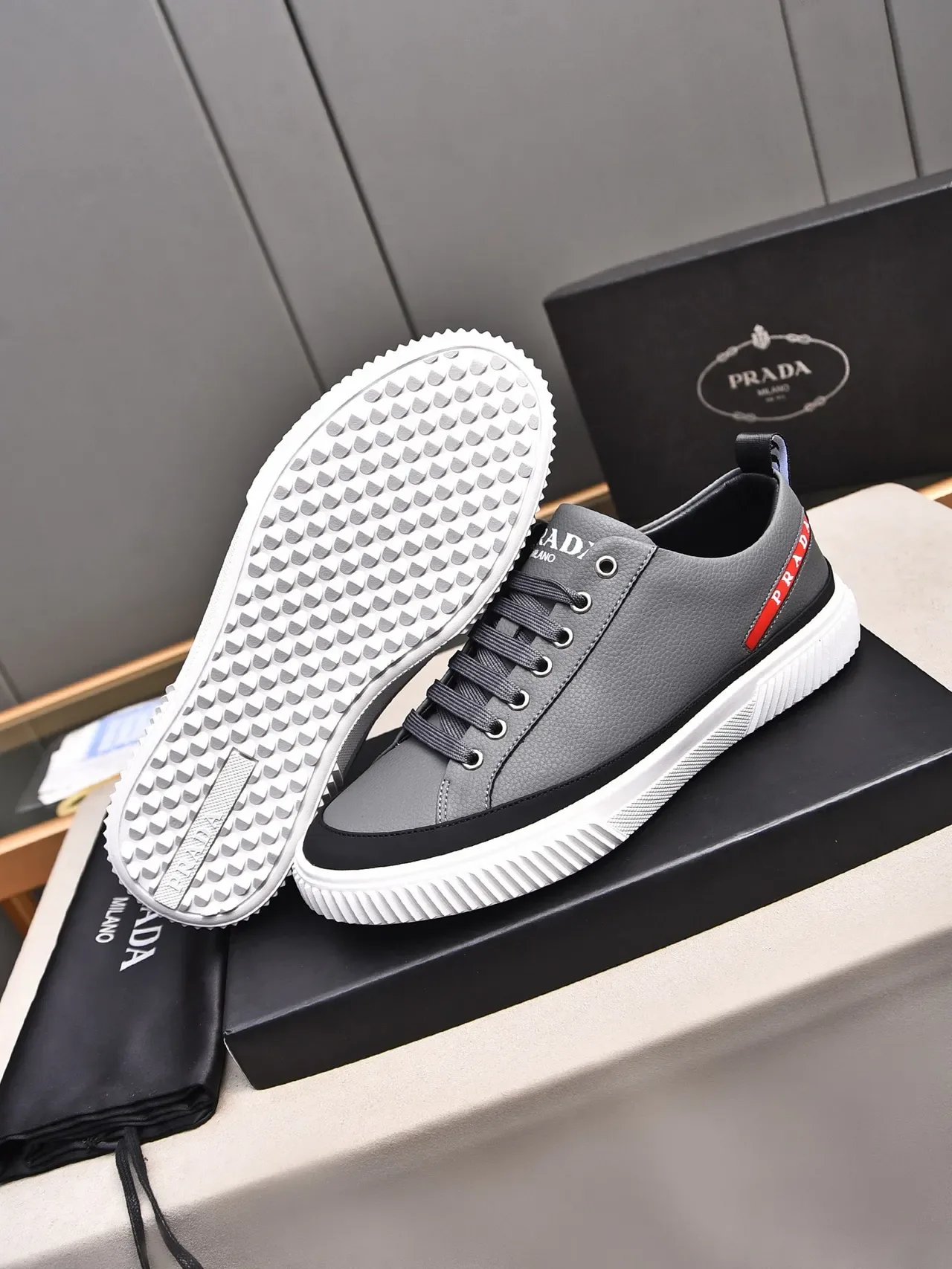 Prada Gray and Black Leather Lifestyle Sneakers 5