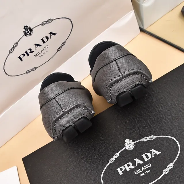 Prada Gray Black Saffiano-Textured Leather Metal Triangle Logo Plaque Loafer 2