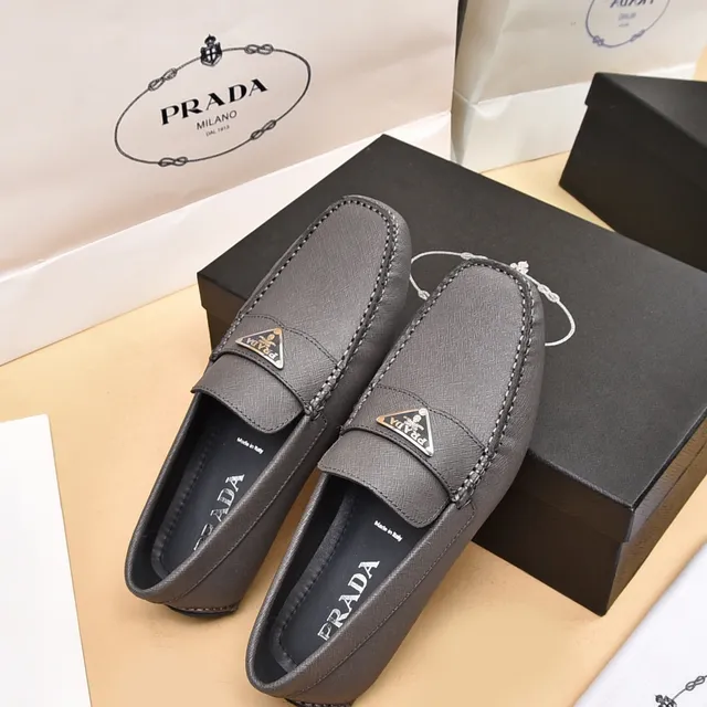 Prada Gray Black Saffiano-Textured Leather Metal Triangle Logo Plaque Loafer 4