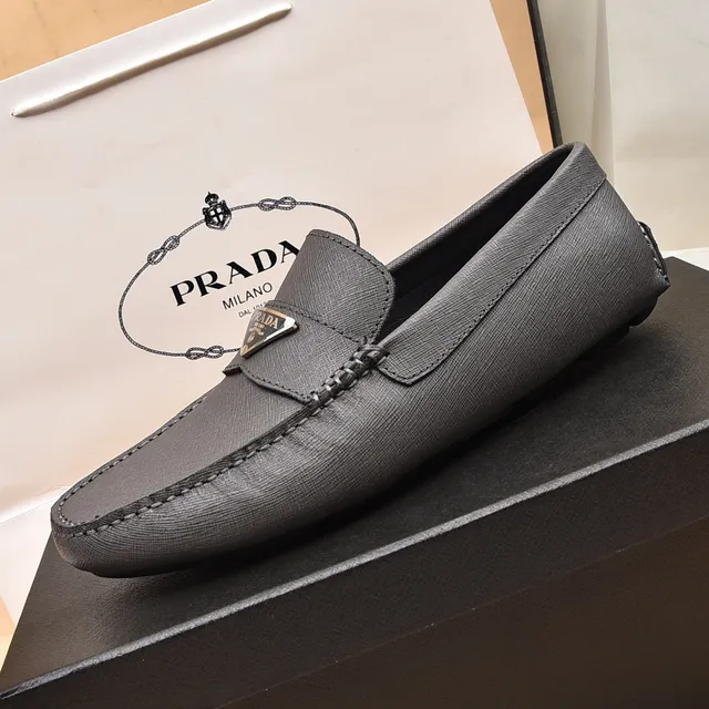 Prada Gray Black Saffiano-Textured Leather Metal Triangle Logo Plaque Loafer 5