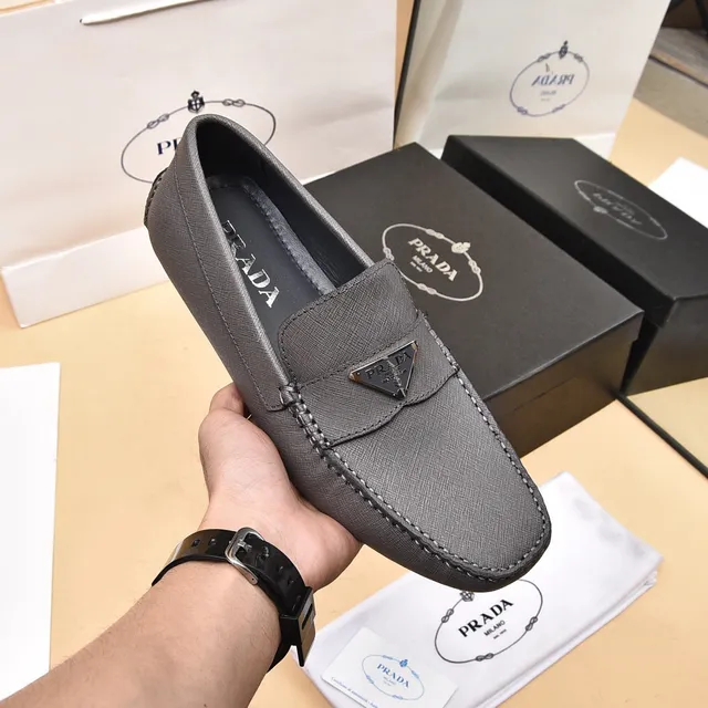 Prada Gray Black Saffiano-Textured Leather Metal Triangle Logo Plaque Loafer 6
