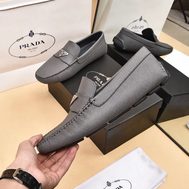 Prada Gray Black Saffiano-Textured Leather Metal Triangle Logo Plaque Loafer 7