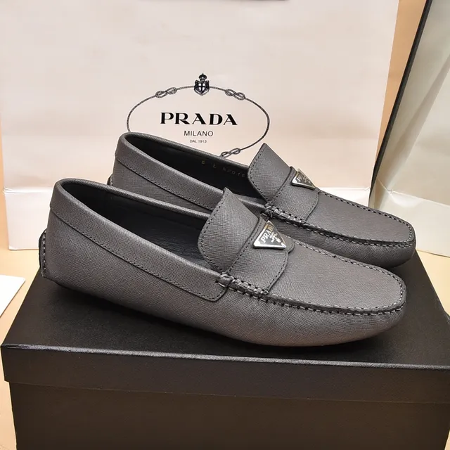 Prada Gray Black Saffiano-Textured Leather Metal Triangle Logo Plaque Loafer 8