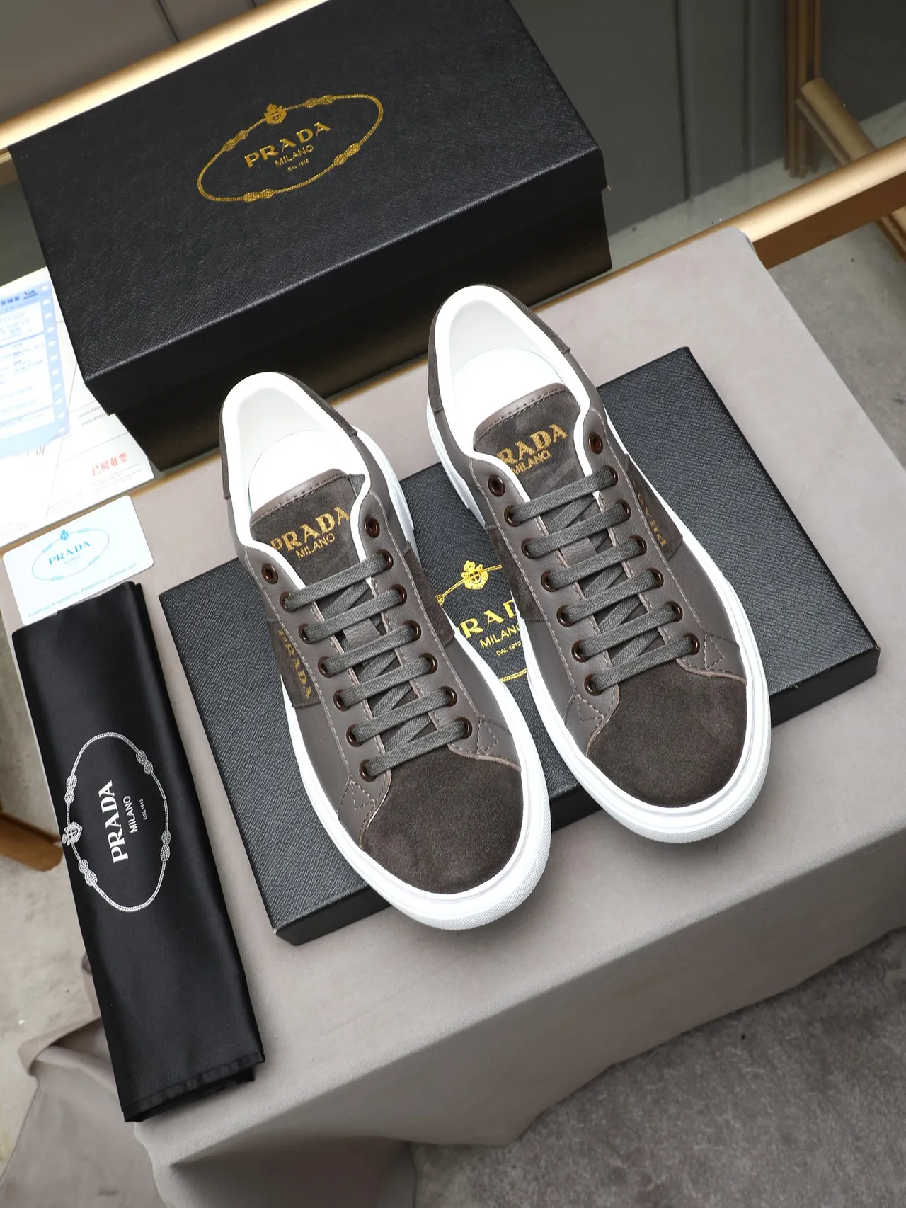 Prada Gray White Mixed Leather And Suede Upper Gold Logo Stripe Lifestyle Sneakers 2