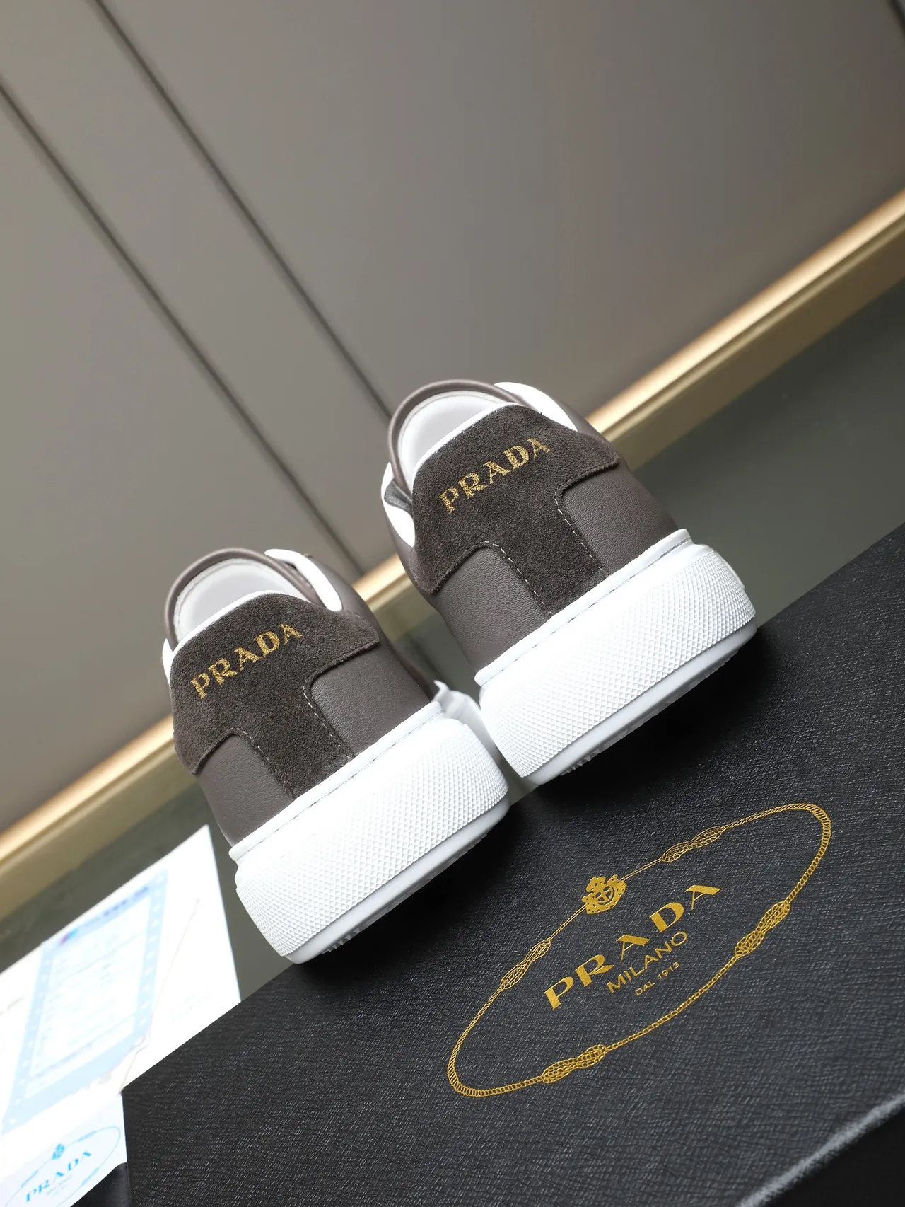 Prada Gray White Mixed Leather And Suede Upper Gold Logo Stripe Lifestyle Sneakers 3