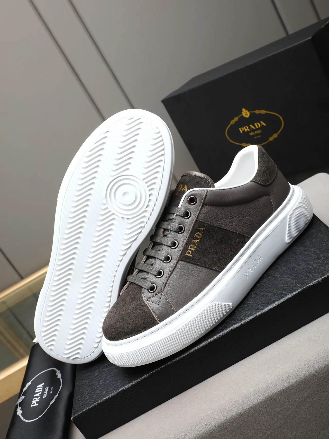 Prada Gray White Mixed Leather And Suede Upper Gold Logo Stripe Lifestyle Sneakers 4