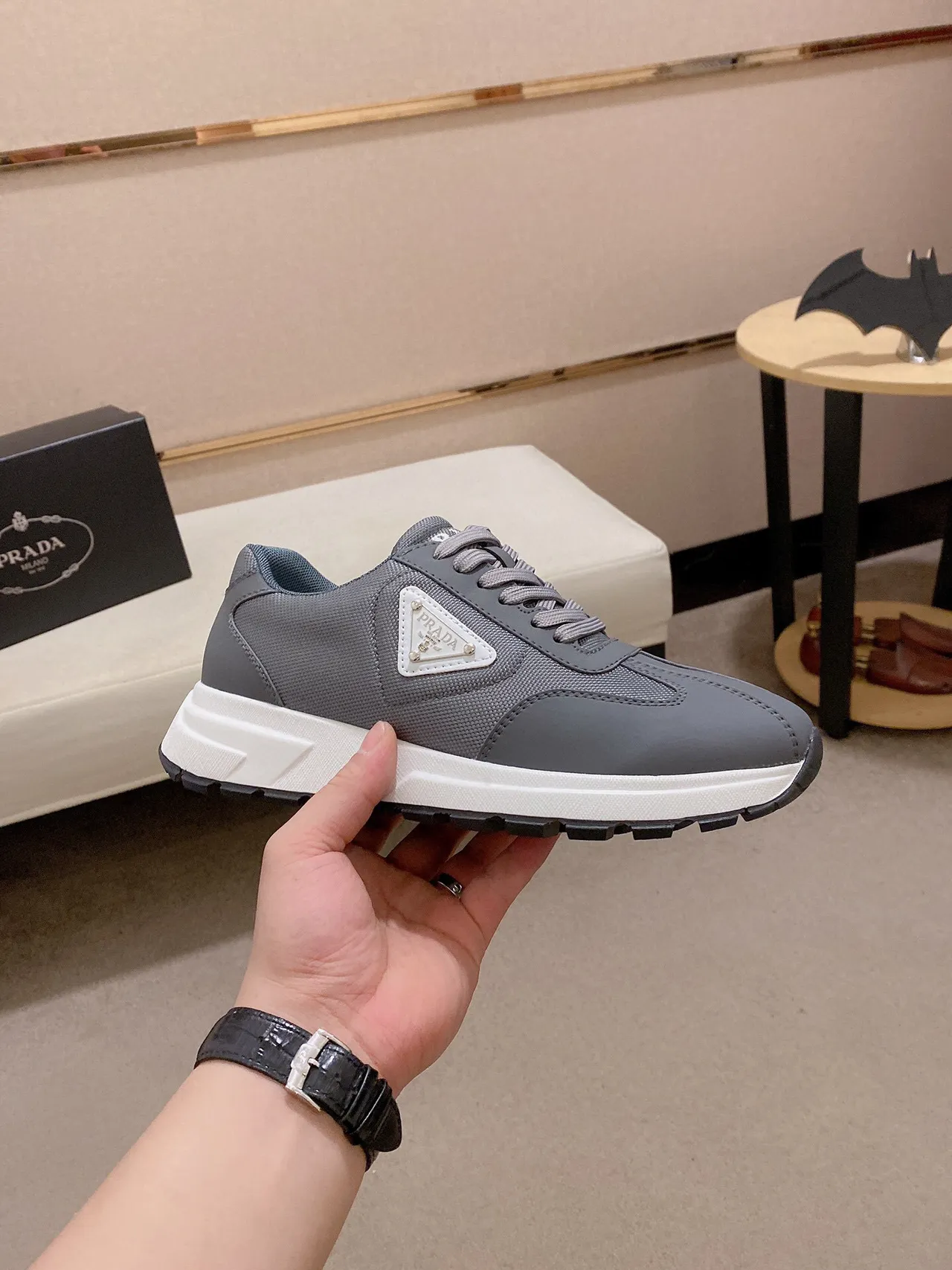 Prada Gray White Racing-Inspired Silhouette Mesh And Synthetic Overlay Construction Lifestyle Sneakers 3