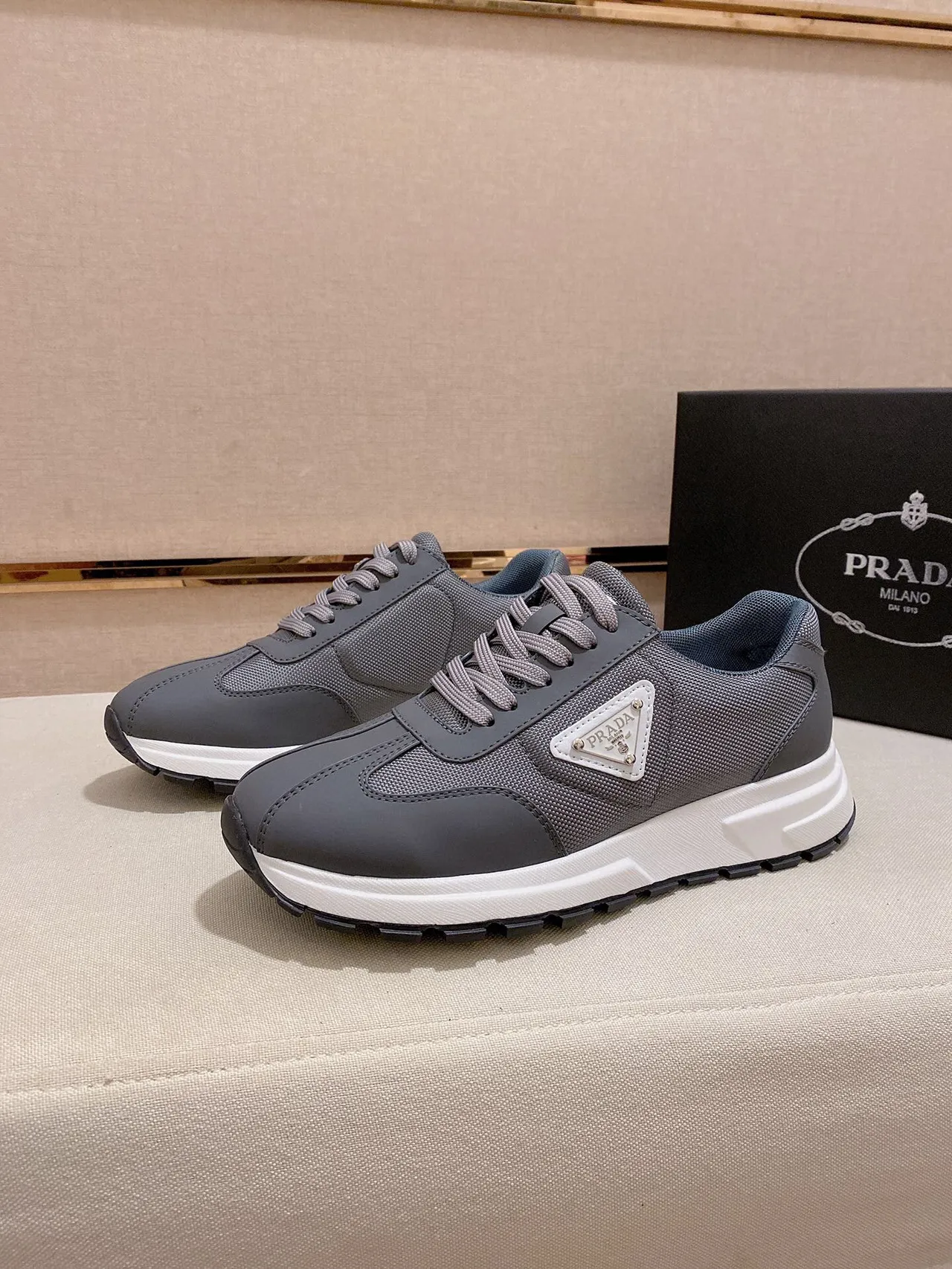 Prada Gray White Racing-Inspired Silhouette Mesh And Synthetic Overlay Construction Lifestyle Sneakers 5