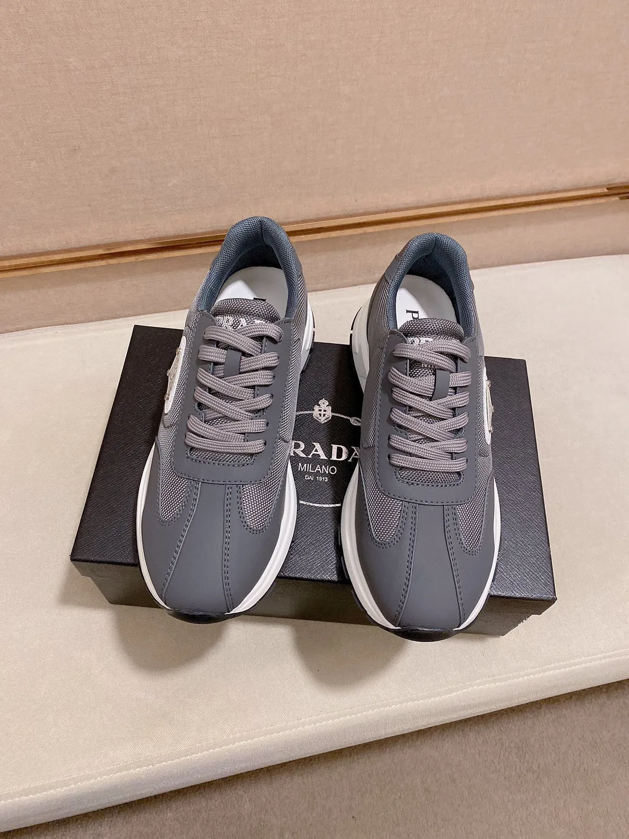 Prada Gray White Racing-Inspired Silhouette Mesh And Synthetic Overlay Construction Lifestyle Sneakers 6