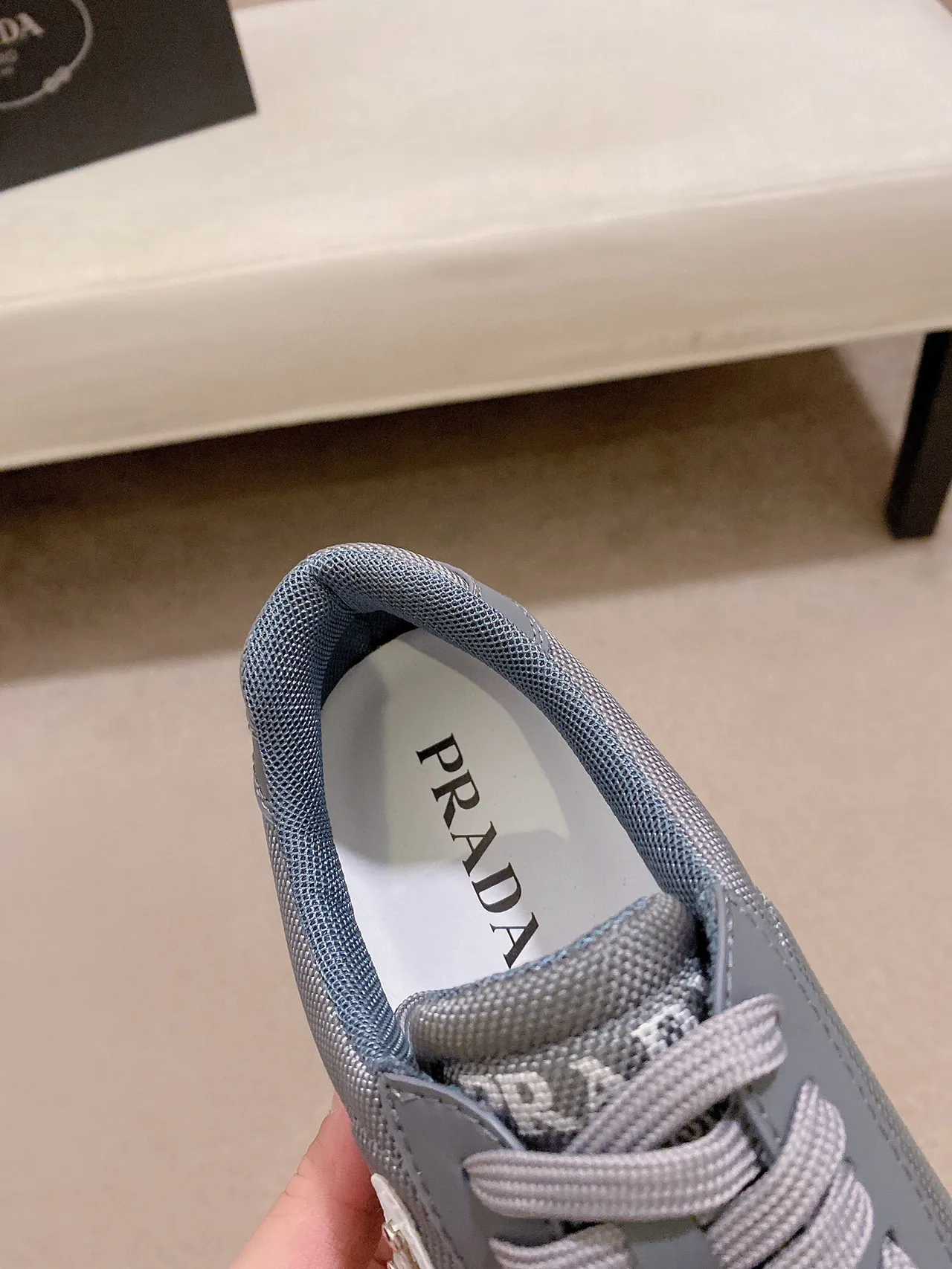 Prada Gray White Racing-Inspired Silhouette Mesh And Synthetic Overlay Construction Lifestyle Sneakers 7