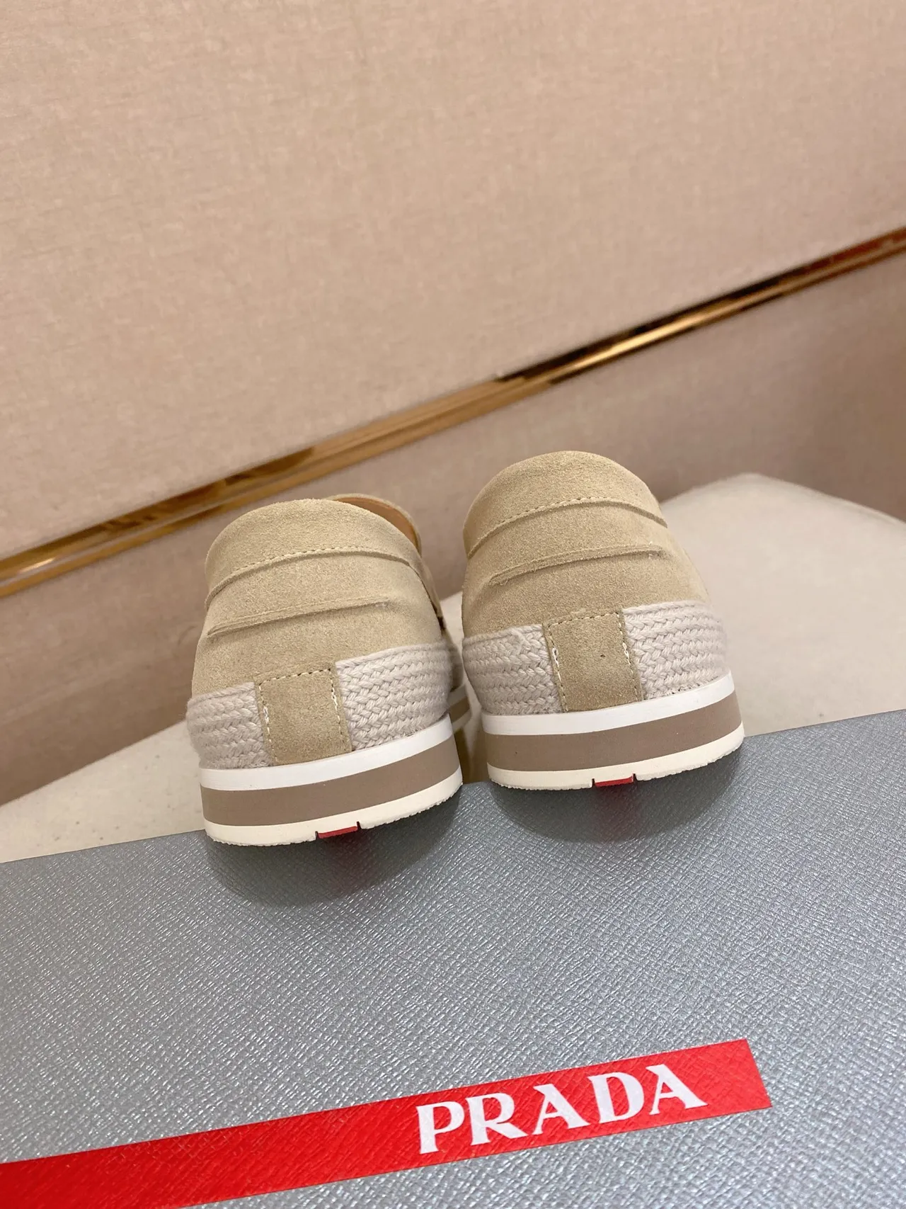 Prada Loafer Beige White Suede Upper Embossed Logo Strap Loafer 3