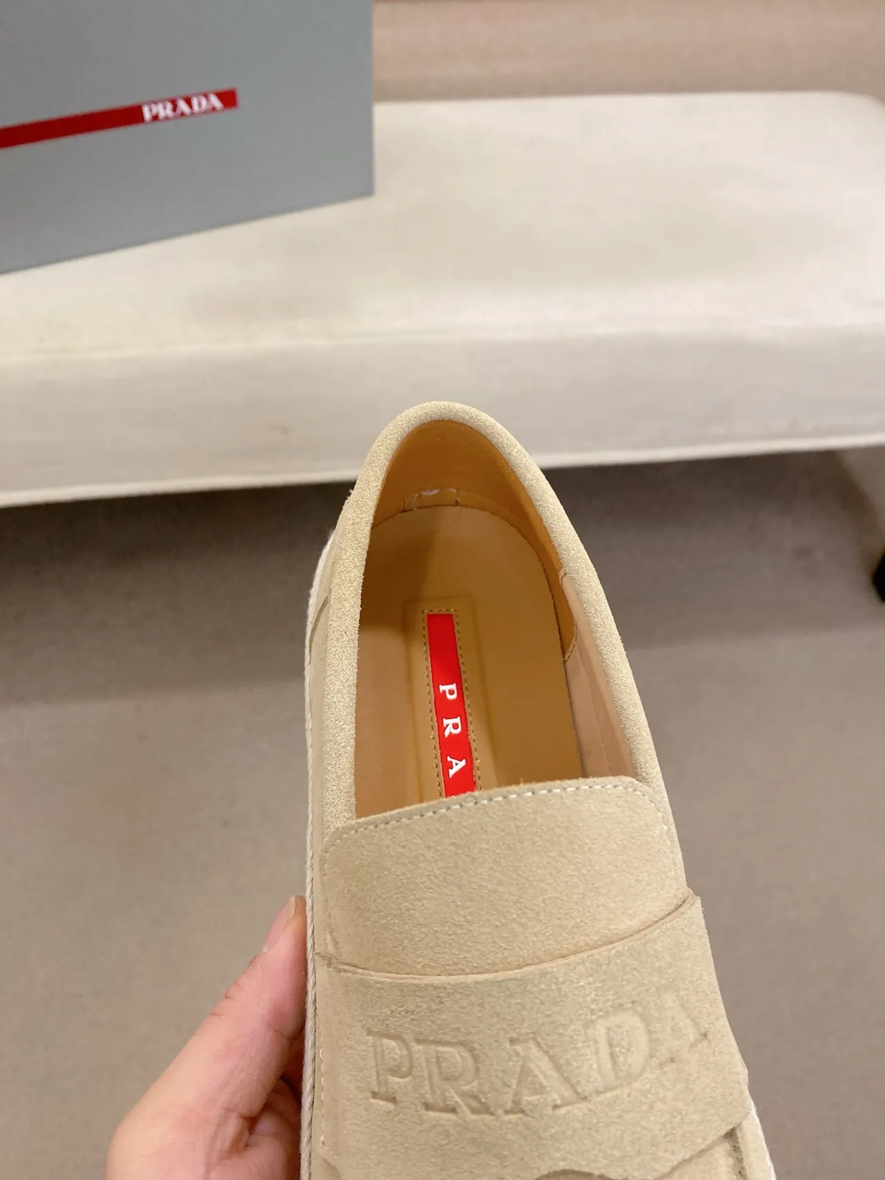 Prada Loafer Beige White Suede Upper Embossed Logo Strap Loafer 4