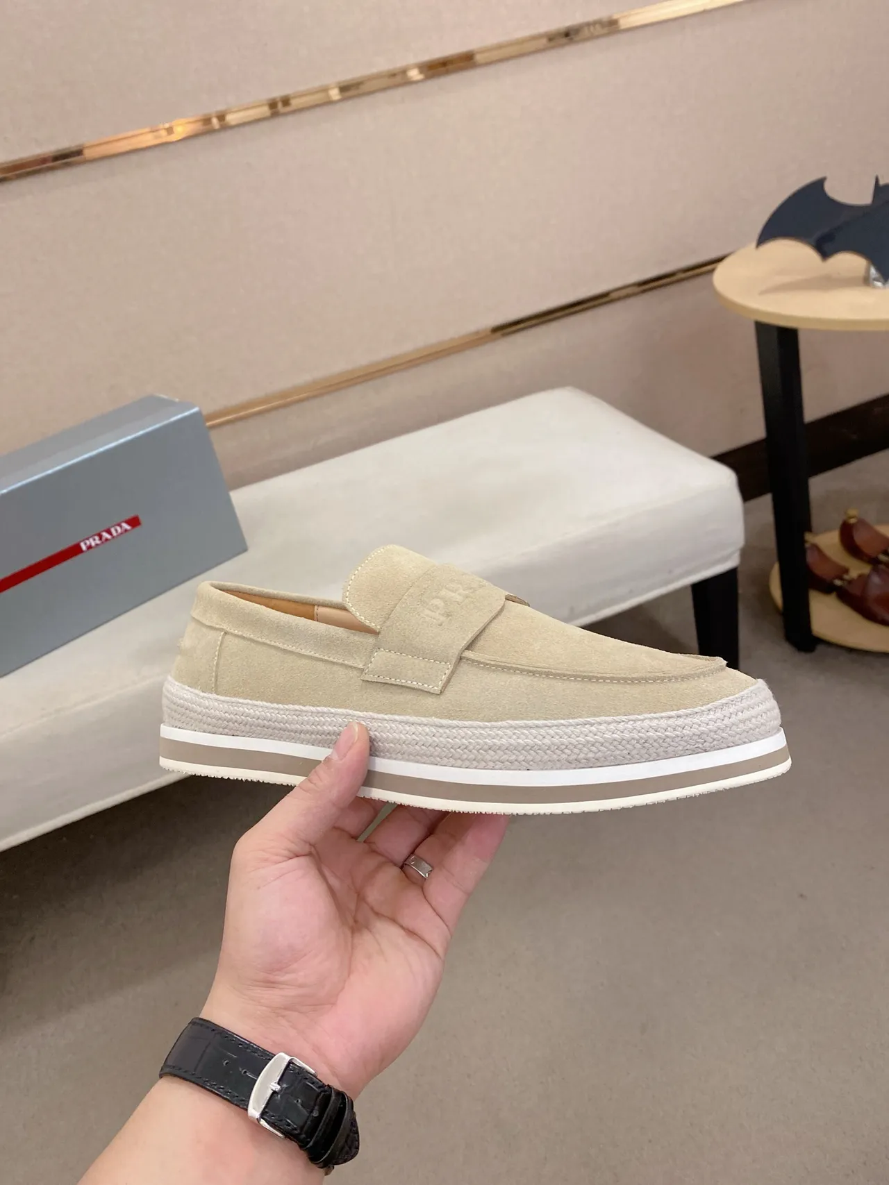 Prada Loafer Beige White Suede Upper Embossed Logo Strap Loafer 5