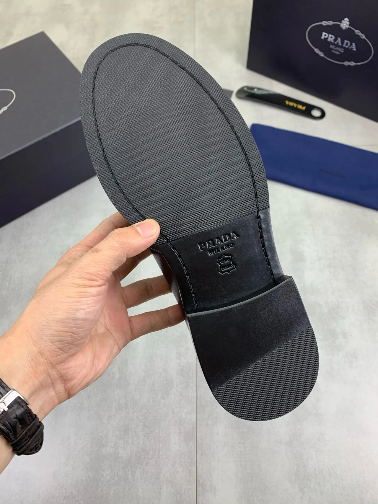 Prada Loafer Black Leather Strap Moc-Toe Loafer 3
