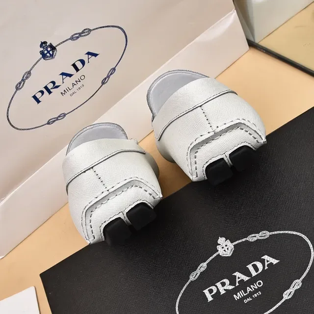 Prada Loafer White Black Leather Moc-Toe Stitching Loafer 2