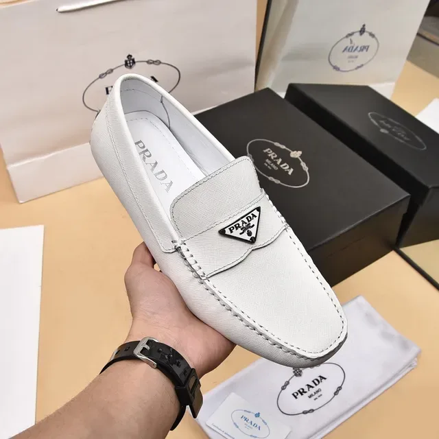 Prada Loafer White Black Leather Moc-Toe Stitching Loafer 6