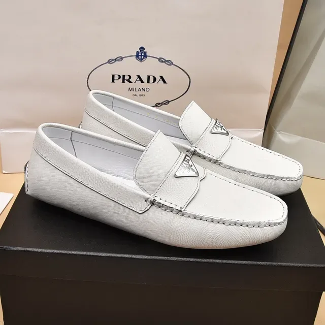 Prada Loafer White Black Leather Moc-Toe Stitching Loafer 7