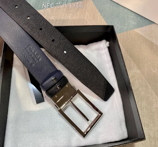Prada Navy Silver Saffiano-Textured Embossed Logo Pattern Leather Belt 3