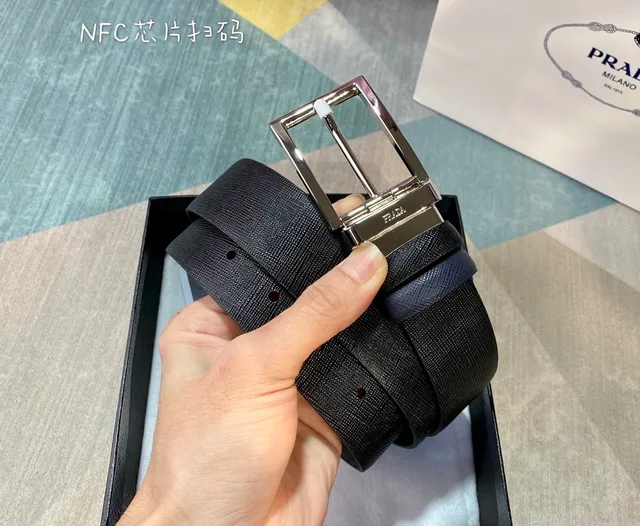 Prada Navy Silver Saffiano-Textured Embossed Logo Pattern Leather Belt 4