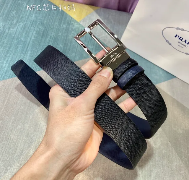 Prada Navy Silver Saffiano-Textured Embossed Logo Pattern Leather Belt 5