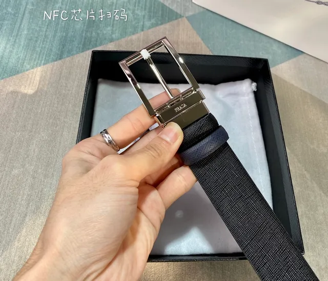 Prada Navy Silver Saffiano-Textured Embossed Logo Pattern Leather Belt 6