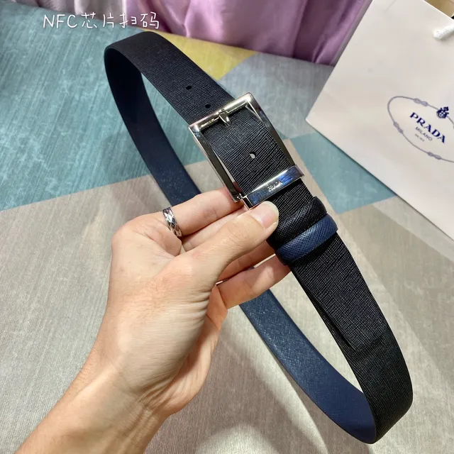 Prada Navy Silver Saffiano-Textured Embossed Logo Pattern Leather Belt 7